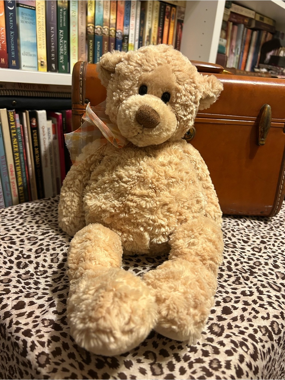 GUND Manni vintage cream Teddy Bear with sheer plaid ribbon.
